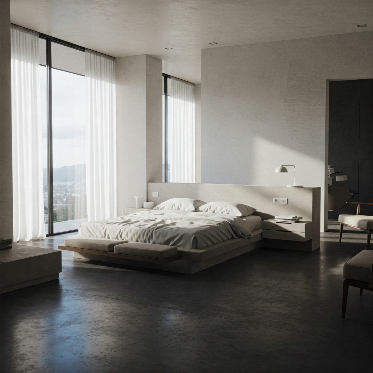 A luxury minimalist bedroom with a platform bed dressed in immaculate white sheets, soft diffused daylight and a muted palette of white, beige and charcoal grey