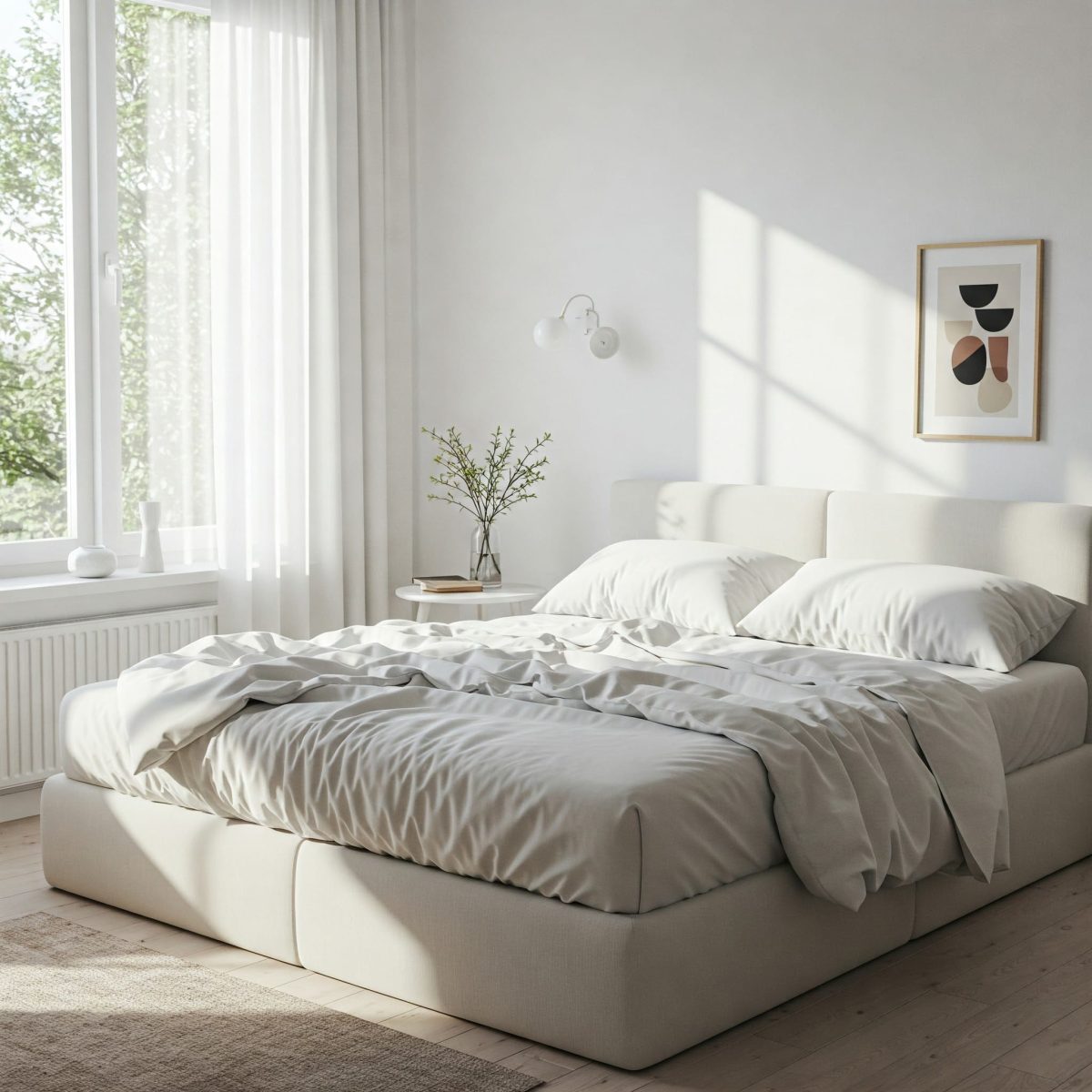 Minimalist bedroom with a double bed in the middle dressed in high-quality white cotton bed linen