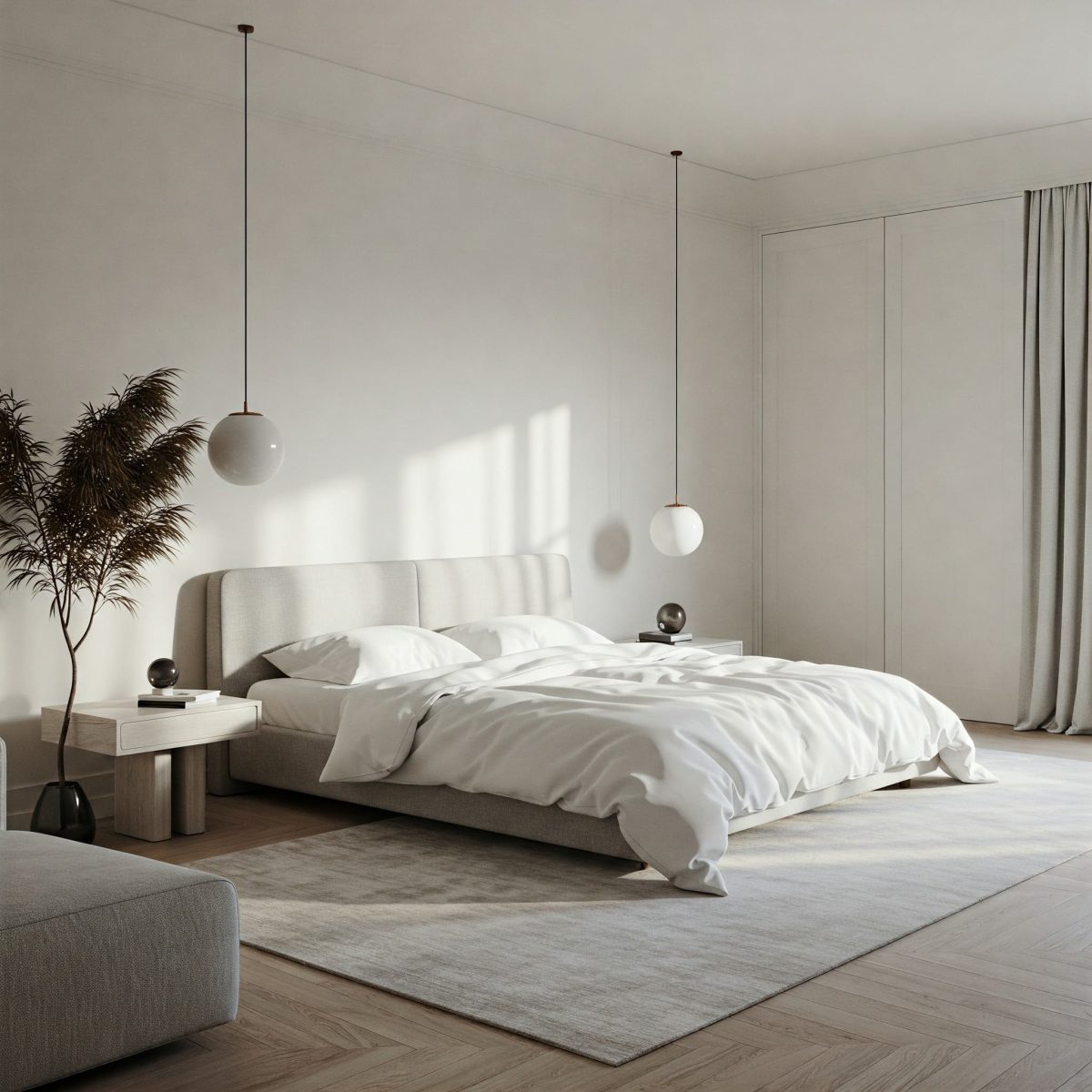 A luxury minimalist bedroom with a clean design, a central bed with immaculate white bed linen, abundant natural light and a neutral colour palette
