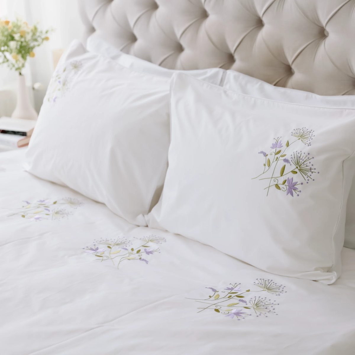 lenjerie de pat din bumbac percale alba de lux cu o papadie stilizata brodata